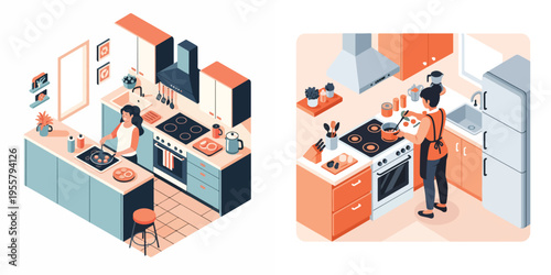 Vector illustration set of a person preparing food in a contemporary kitchen, isometric vector art, clean lines, soft lighting, pastel tones.