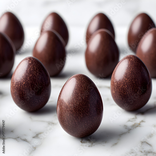 Luxury dark chocolate eggs arranged in a perfect grid on a white marble surface. - Image #1 @Ai content creator