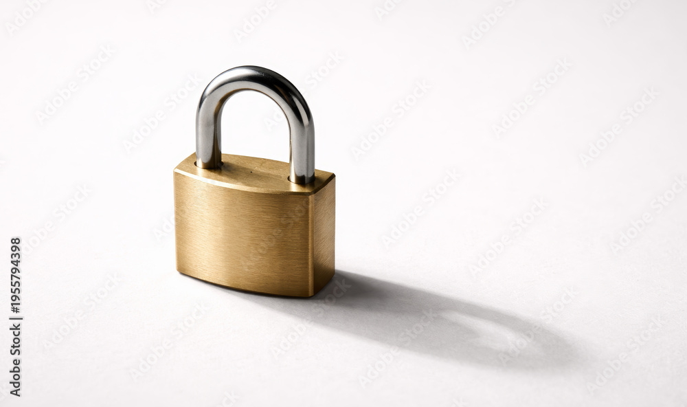 Fototapeta premium Closed brass padlock with shadow on white background