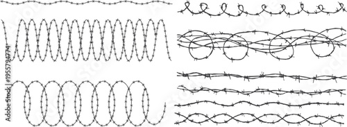 Black barbed wire brush set, decorative borders and frames with wavy razor wire, war and security fence elements, scalable vector illustration
