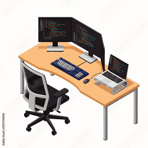 Modern computer workstation with dual monitors, laptop, keyboard, mouse, and ergonomic chair, ideal for coding or office work.