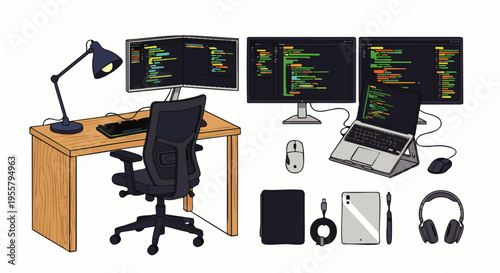 Modern home office setup with multiple monitors, laptop, desk, chair, and accessories for coding or design work