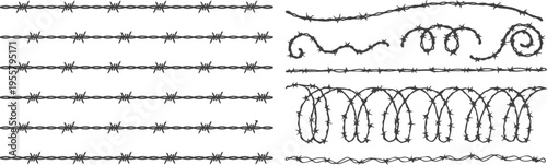 Barbed wire design set, brush templates and decorative frames with straight, wavy and coiled razor wire, security fence elements vector illustration