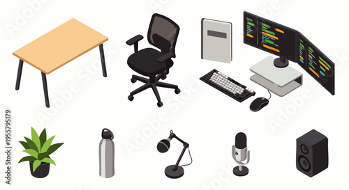 Isometric set of office and home office desk items for remote work and study, including desk, chair, computer, and accessories