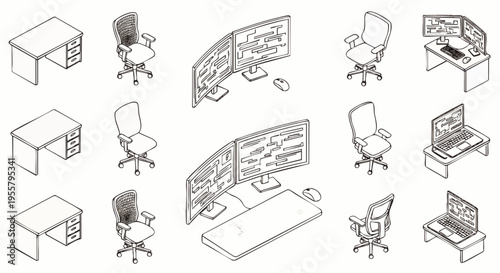Isometric Office Setup Elements: Desks, Chairs, and Computer Workstations for Modern Business and Technology Concepts