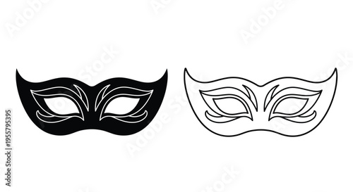 Two elegant carnival masks displayed in stark black and white silhouette