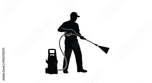 Man operating a pressure washer focusing on cleaning tasks silhouette