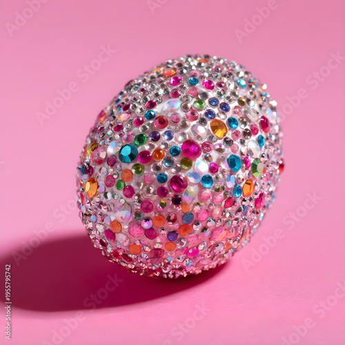 Macro photography of a single egg covered in colorful sequins and rhinestones on a bright pink surface. - Image #2 @Ai content creator