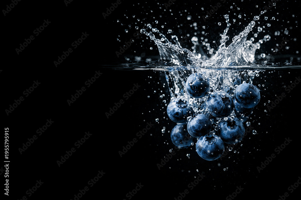 Obraz premium Blueberries splashing in water with droplets on black background, dynamic fresh fruit concept with high contrast and motion effect.