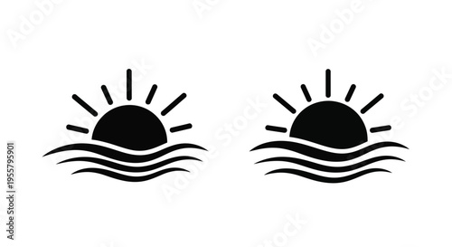 Two black suns rise over wavy water a striking silhouette