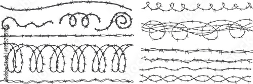 Razor and barbed wire collection set, twisted sharp steel fence silhouettes, military border, prison barrier and danger warning seamless vector illustration