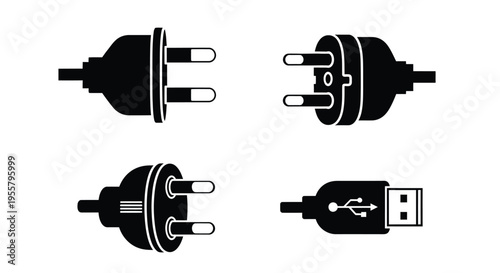 Various electrical plugs and adapters depicted in a dark silhouette