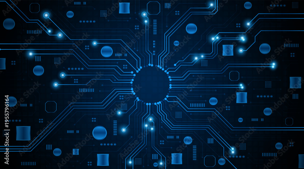 Obraz premium Technology circuit board background. Concept of an electronic motherboard or artificial intelligence engineering on a dark blue background.