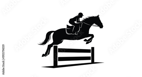 Horse and rider jumping a fence in striking black silhouette