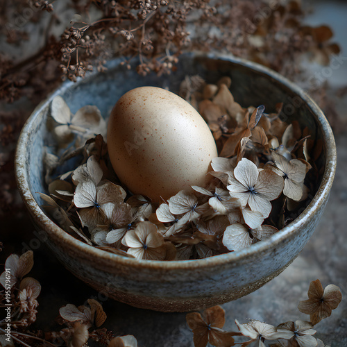 Macro photography of a single egg resting on a bed of dried hydrangea flowers in a rustic ceramic bowl. - Image #1 @Ai content creator