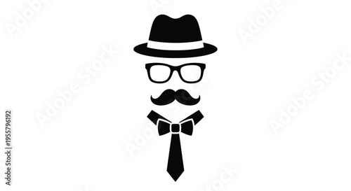 A stylized face with hat glasses mustache and bow tie silhouette