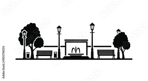 Park scene with fountain benches trees and lampposts silhouette