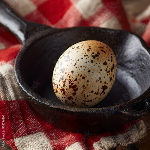 Macro photography of a single speckled egg sitting in an old-fashioned cast-iron skillet on a checkered cloth. - Image #2 @Ai content creator