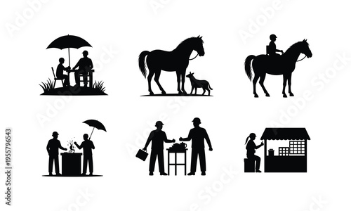 People and animals vector illustration, diverse scenarios and activities silhouettes set