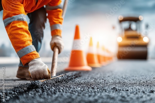 Road construction worker using a tamper on asphalt with steam roller and cones in the background, focusing on a roadwork and road repair in progress.