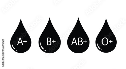 Four blood drops display positive blood types in black silhouette