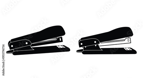 Two black staplers presented in a simple graphic silhouette