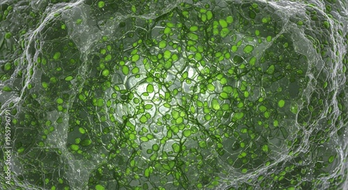 Microscopic view of green plant cells with chlorophyll, abstract biological texture of organic matter and natural structures