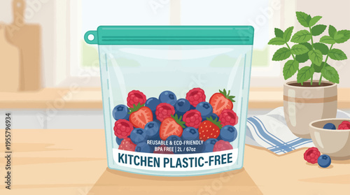 Reusable silicone food storage bag with fresh berries on a kitchen counter, eco-friendly vector illustration