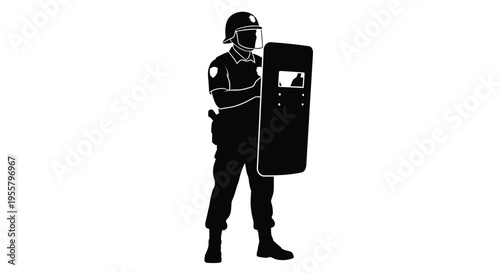 Riot police officer standing guard with shield a striking silhouette