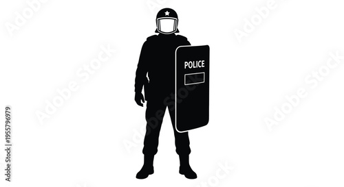 A police officer stands guard with a shield stark silhouette