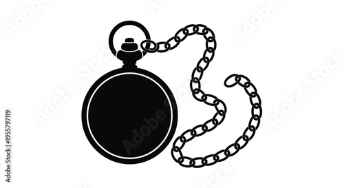 A detailed black silhouette of an antique pocket watch with chain