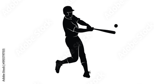 Baseball player in mid swing powerfully connecting with the ball silhouette