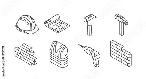 Construction tools and materials depicted in a linear silhouette