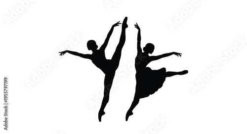 Two ballet dancers in dynamic poses captured in black silhouette