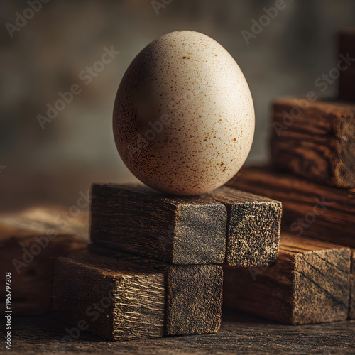 Macro photography of a single egg resting on a pile of vintage wooden blocks on a rustic table. - Image #2 @Ai content creator