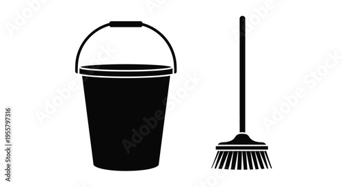 Black bucket and broom illustration in a stark flat silhouette