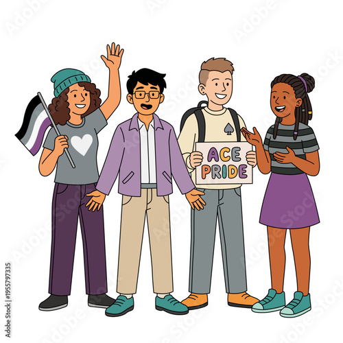 Four smiling people standing together holding asexual pride flag and ace pride sign wearing purple and grey clothes