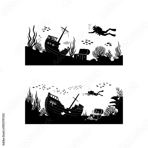 Scuba diver exploring sunken shipwreck and treasure chest silhouette, underwater mystery scene with ancient boat and coral reef vector illustration.