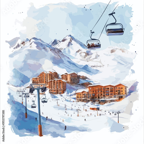 Andes Ski Resort. Andes Ski Resort hand drawn watercolor illustration