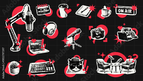 Trendy halftone collage with podcast equipment icons. Set of retro stickers featuring microphone, headset, laptop, camera and cat. Creative vector graphic design for digital broadcast art.