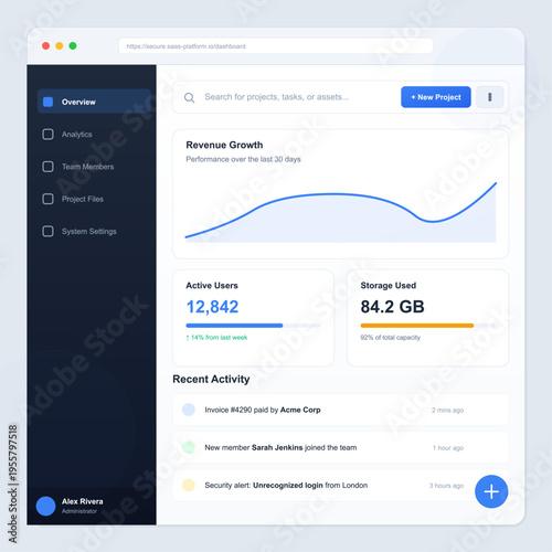 A modern software dashboard interface featuring a revenue growth chart, active user statistics, storage usage metrics, and a recent activity feed for business management.