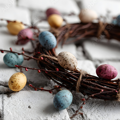 Macro shot of a handmade willow wreath with small colorful eggs hanging on a distressed white brick wall. - Image #1 @Ai content creator