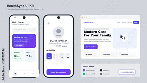 This healthcare design system kit includes mobile and web interface layouts for medical services, patient dashboards, doctor scheduling, and a set of design tokens for developers.