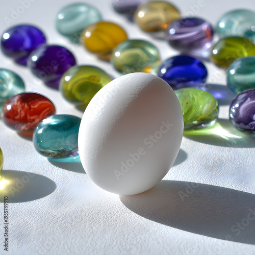 Macro shot of a single egg resting on a bed of colorful glass marbles on a bright white surface. - Image #1 @Ai content creator