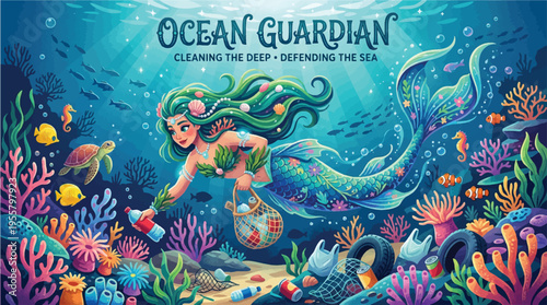 Ocean Guardian Mermaid Cleaning Underwater Environment Vector Illustration for Conservation Campaigns