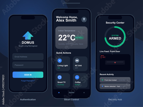 A set of three smartphone screens showcasing a modern smart home automation app interface with login, temperature control, and security system monitoring features.