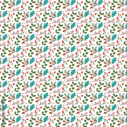 Seamless floral botanical pattern with leaves and berries on white