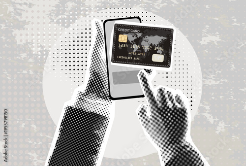 Trendy Halftone Collage Hands holding a phone with a credit card on the screen. Payment using a smartphone. Contactless payment. Modern photo collage style. Vector illustration
