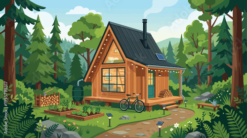 Cozy A-frame cabin in lush green forest with garden, bicycle, and solar panels vector illustration