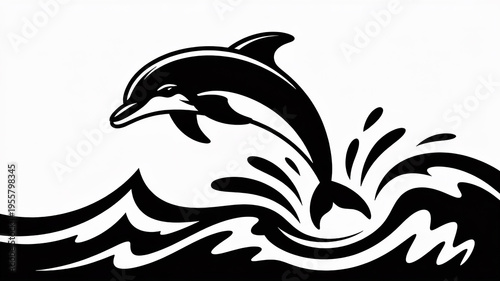 Black dolphin leaping through stylized waves jumping ocean